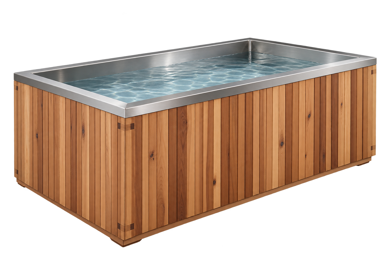 A freestanding cedar cold plunge with clear water