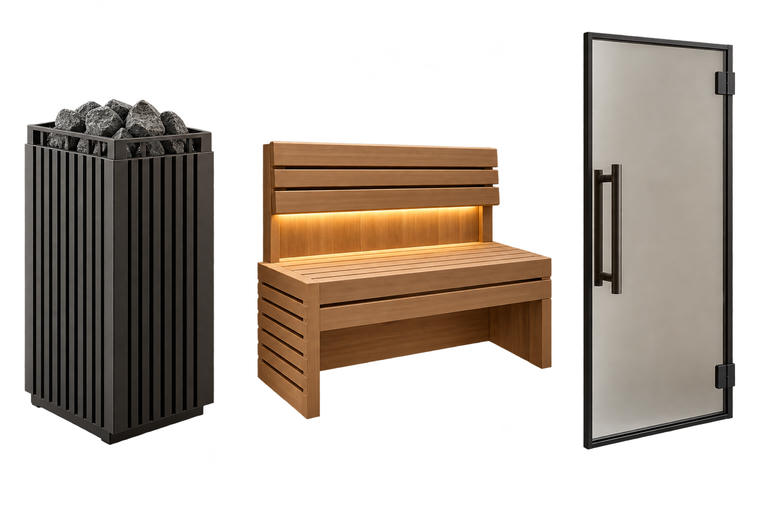 Isolated sauna heater with stones, cedar bench, and glass door
